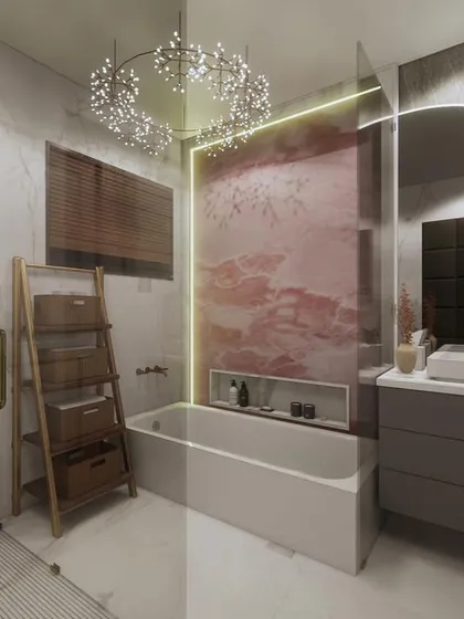 A luxurious bathroom featuring a dramatic pink onyx accent wall, a sparkling chandelier over the tub, and a sleek, modern vanity with a backlit mirror.