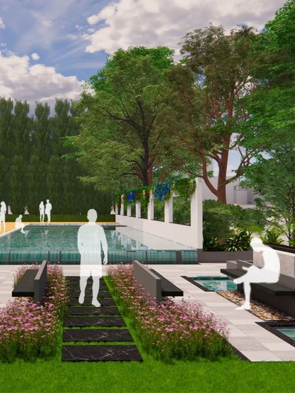 A conceptual design for a multi-level pool area, featuring a main pool, water channels, and integrated seating.