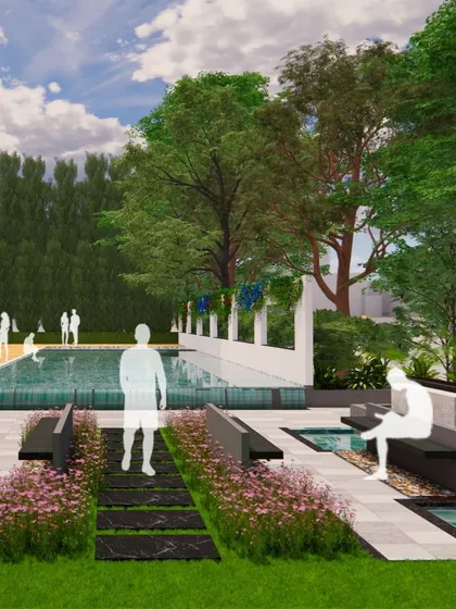 A conceptual design for a multi-level pool area, featuring a main pool, water channels, and integrated seating.