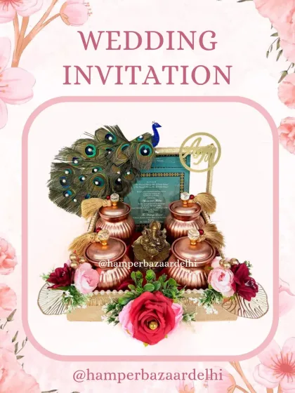 A graphic showcasing our beautiful peacock themed wedding invitation hamper. It’s a perfect blend of tradition and luxury.