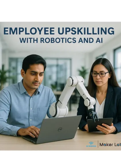 We work directly with businesses to upskill their teams in robotics and AI. This image represents our corporate training programs, where we bring the hardware and expertise to your workplace, preparing your employees for the future of automation.