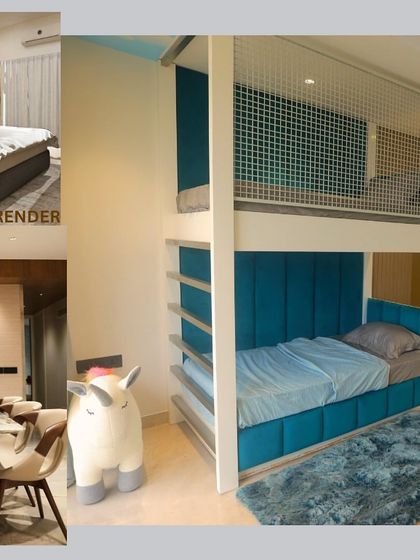 This render vs. reality collage highlights the playful yet functional design of the children's bedroom, complete with a custom bunk bed. It also shows the elegant dining area, demonstrating our versatility across different spaces within a single home.