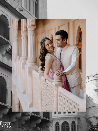 An artistic shot of Saloni and Kanav on a balcony, framed by black and white architectural elements. This collage style blends modern design with timeless romance.