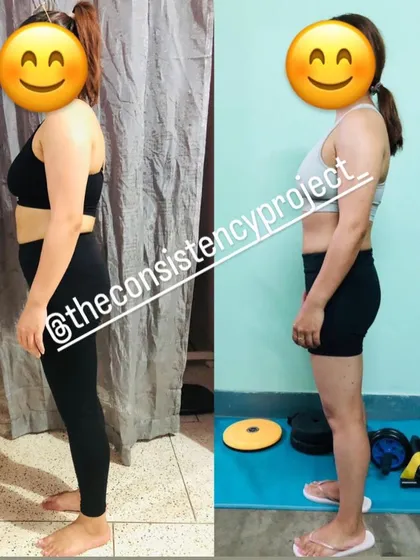 This side-view comparison shows J's progress in her fat loss journey. Her consistency with meal prep, steps, and training sessions is the key to her success.