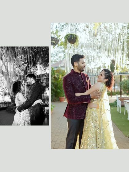 A collage showing the couple's playful and romantic side during their cocktail party. The mix of black and white and color captures different moods of their celebration.