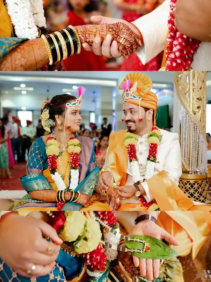A collage of the sacred rituals from a Hindu wedding, including the tying of the mangalsutra and holding hands.