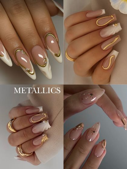 Adding metallic accents to a nude manicure is a great way to elevate the look. This board showcases designs with gold chrome lines, 3D metallic shapes, and delicate gold flakes.