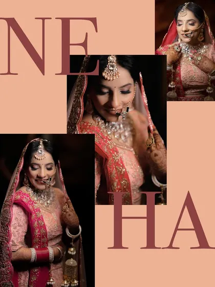 A stylish collage of bridal portraits with modern graphic design, showcasing different angles and expressions of the bride.