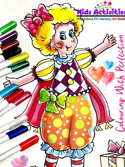 Coloring with perfection. This drawing of a cheerful clown demonstrates the shading and blending techniques we teach in our classes. We help children master the use of markers to create smooth, professional-looking artwork.