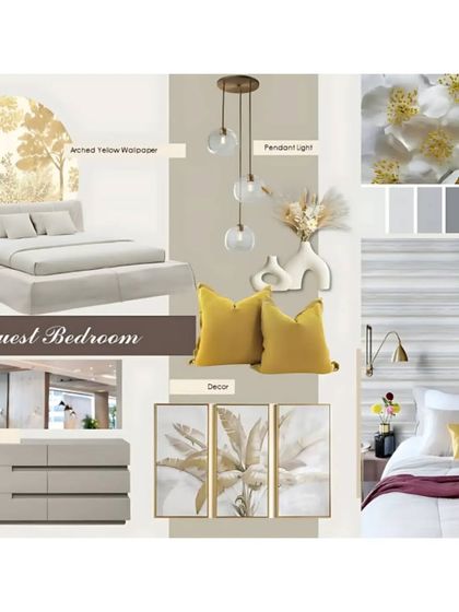 A guest bedroom mood board designed to be a luxurious and comfortable sanctuary, using a soft color palette, plush textures, and elegant furniture.