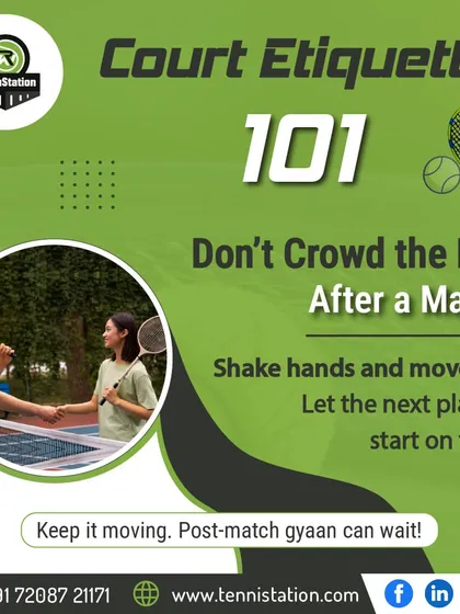 Court Etiquette 101: Don't crowd the net after a match. A quick handshake allows the next players to start on time. Good sportsmanship is part of the game.