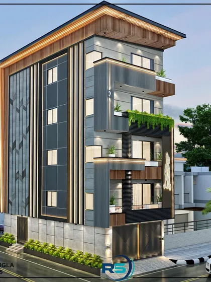An example of our architectural elevation design for a private residence in Delhi. We combine materials like wood, stone, and glass with modern design principles to create a striking and unique building facade.