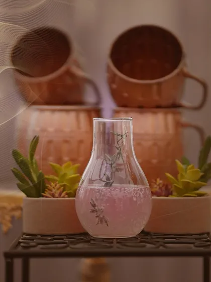 Our creative beverage presentation, featuring infused water in elegant glass carafes and succulents, adding a modern and refreshing touch to the bar.