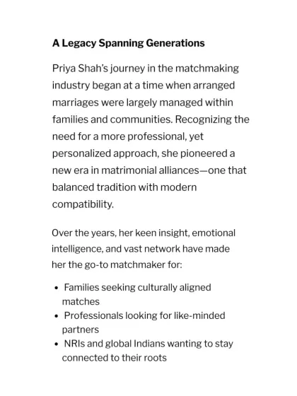 The Tribune celebrated my 30-plus year legacy of love and trust, resulting in over 12,000 successful marriages. The article highlights my role as a go-to matchmaker for families seeking culturally aligned partners and professionals looking for like-minded individuals.