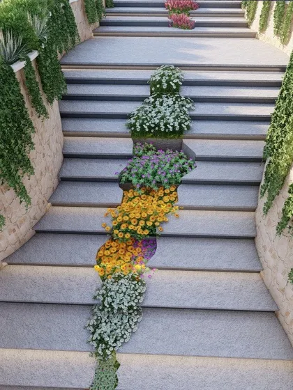 A unique and artistic design for a grand outdoor staircase. A central channel filled with cascading flowers turns a functional element into a stunning focal point, with climbing vines softening the stone walls.