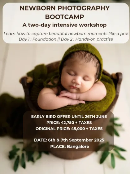 An announcement for the 2-day intensive Newborn Photography Bootcamp, highlighting the early bird offer.