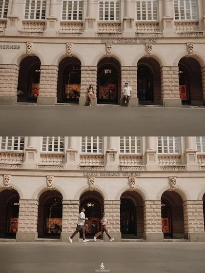 A two-panel collage showing both a wide, architectural shot and a dynamic walking shot from the same location.