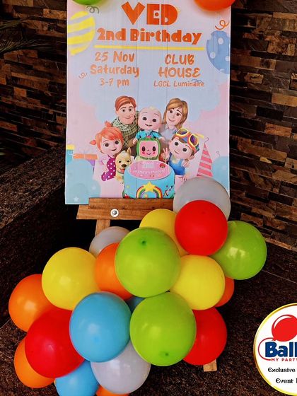 A personalized welcome sign for a Cocomelon-themed second birthday, featuring a photo of the birthday boy and party details.
