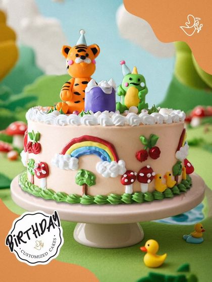 A whimsical cake featuring a tiger and a dinosaur having a party. This creative design includes a rainbow, mushrooms, and ducks for a fun and imaginative celebration.