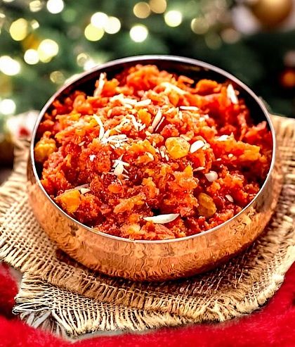 Our Gajar ka Halwa, set against a festive Christmas background. It's a warm, comforting dessert that fits any celebration.