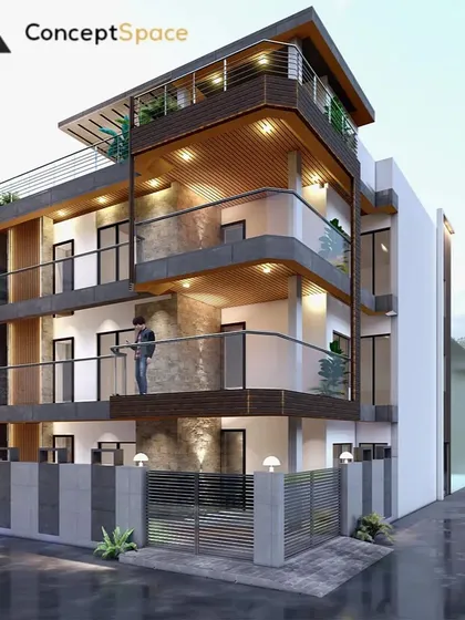 This is a 3D design for a new residential project. The facade uses a mix of materials, including wood paneling and stone textures, with rounded balconies to soften the geometric structure.