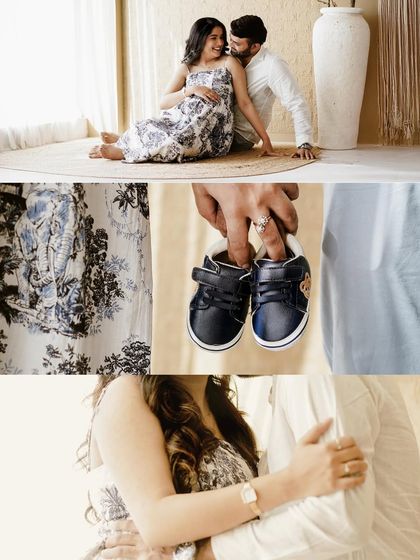 A collage of details from a casual session, including the baby's first shoes and close-ups of the couple's interactions.