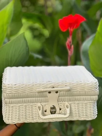 The plain white rattan style suitcase, a blank canvas for your creative gifting ideas. It's stylish, functional, and perfect for any occasion.