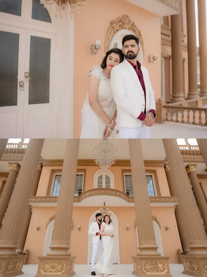 A collage showcasing a pre-wedding shoot at a grand, palatial location. The couple's elegant white outfits and the stunning architecture combine to create a feeling of modern royalty and timeless romance.