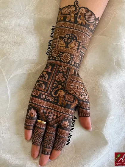 A close-up of a Karva Chauth design, showcasing intricate floral patterns, elephants, and swans.