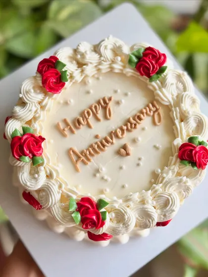 A classic anniversary cake with a vintage touch. The cream-colored buttercream is piped with elaborate swirls and adorned with beautiful red buttercream roses.