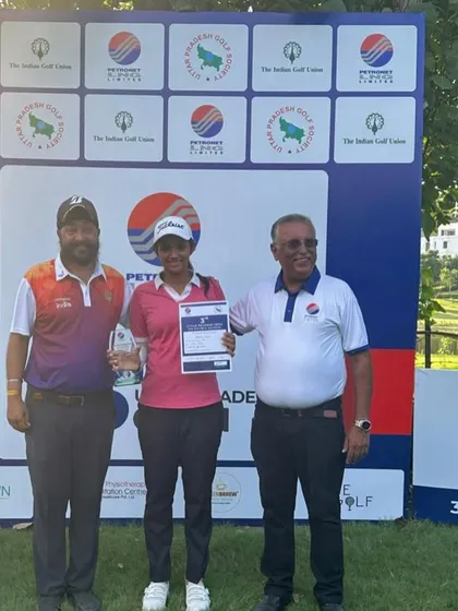 Shreshtha Shukla receives her trophy at the 3rd UP Open, a proud moment for our academy.