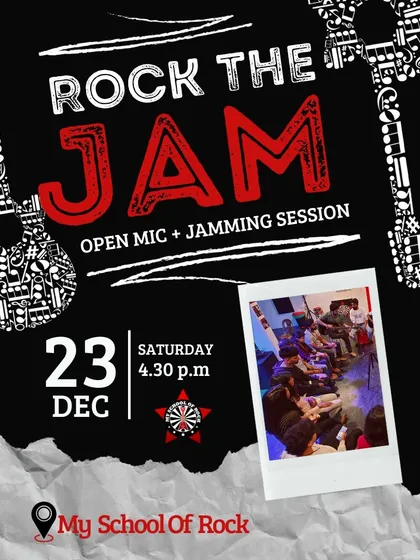 The official poster for "Rock The Jam". This event combines a 30-minute open mic with a full jamming session, giving everyone a chance to perform.