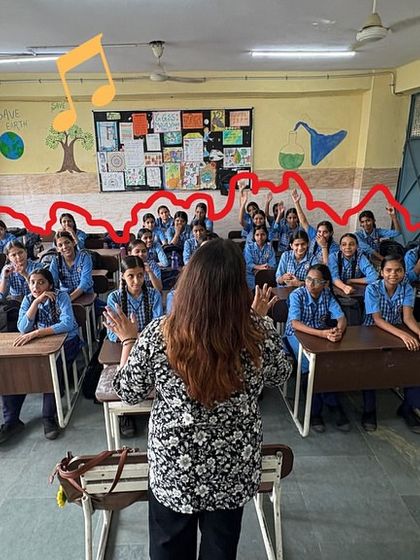 An instructor leads the class in a vocal exercise, with a soundwave graphic emphasizing the power of their collective voices. Every child is attentive, learning to control and project their voice.