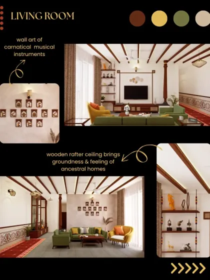The living room design is anchored by a wooden rafter ceiling, which brings a feeling of groundedness and warmth. The wall art, featuring Carnatic musical instruments, is a personal touch that celebrates the family's love for music.