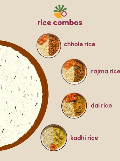 My rice combos are the ultimate comfort food. This graphic shows some of the classic options you can choose from, including Chhole Rice, Rajma Rice, Dal Rice, and Kadhi Rice.