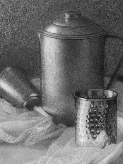 The drawing nearing completion, with the textured glass and fabric folds taking shape.