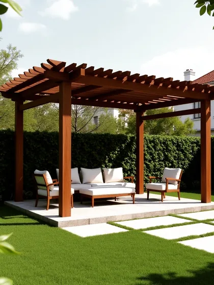 A classic freestanding wooden pergola with decorative rafter tails, set on a stone patio in a backyard. This timeless design provides a perfect spot for an outdoor seating arrangement.