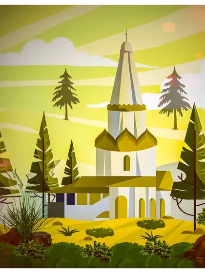 A close-up of the digital church illustration, showing the clean lines and graphic style.