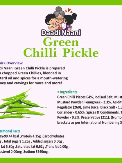 A quick overview of our Green Chilli Pickle, including its ingredients and nutritional facts. We believe in being transparent about what goes into our food.