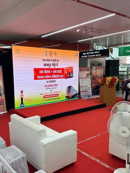 This is the main stage and seating area I designed for the Kanpur Metro card launch. The setup included a large LED screen for branding, comfortable seating for guests, and a clean, professional look that matched the importance of the event.