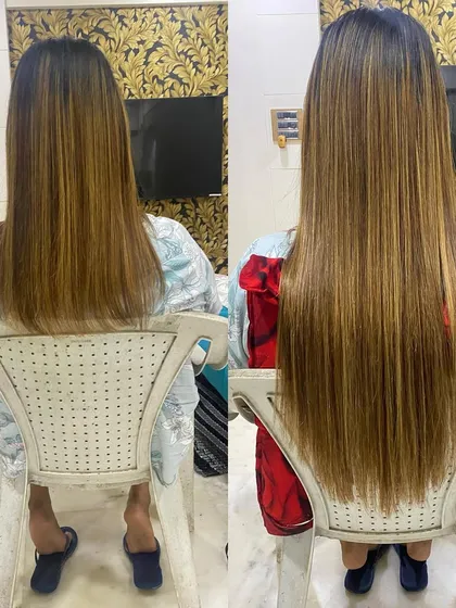 A perfect example of adding significant length and fullness. This before-and-after shows the power of micro ring extensions to create a sleek, straight, and incredibly long hairstyle that looks and feels completely natural.