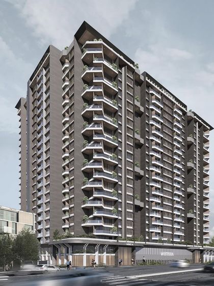 A render of a residential tower showcasing a dynamic facade with angular, projecting balconies. This design demonstrates the triumph of human imagination over materials and methods, creating a unique and modern living environment.