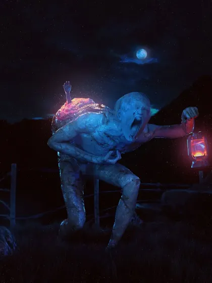 A close-up view of the running cannibal, focusing on the glowing malignancy and the hand reaching out from it. This detail adds another layer of body horror to the character design.