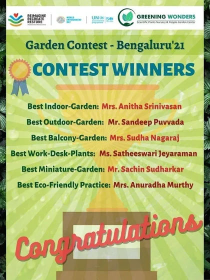A snapshot of the winners from our Bengaluru Garden Contest. We started this initiative to celebrate the individual efforts of residents who are making our city greener, one beautiful balcony, desk, or indoor garden at a time.