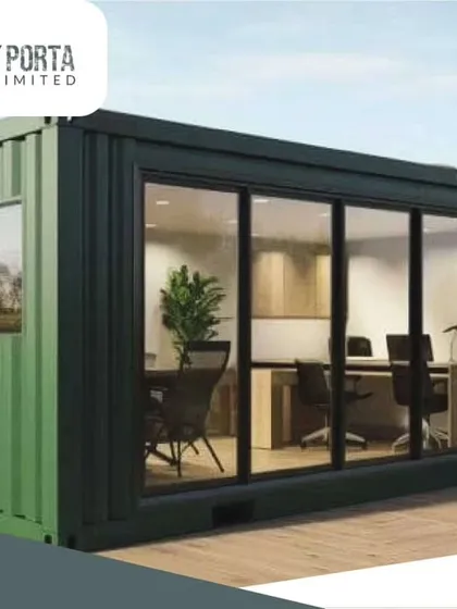 This green container office is designed with a full glass wall to maximize natural light. It's a great example of how we customize our cabins to create a pleasant and productive workspace for your team.