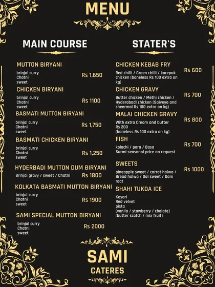 Here is my detailed menu with prices per kilo. You can see the variety I offer, from different types of biryani to kebabs, curries, and sweets for your bulk food orders in Bangalore.