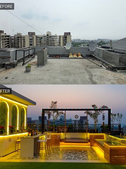 This cluttered rooftop with a great view is now an entertainer's dream. The after shot shows a complete makeover with a bar, a swing under a pergola, and layered lighting for a five-star hotel vibe.