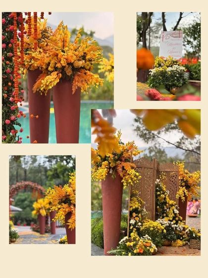 A collage capturing the essence of a rustic haldi decor. It showcases the use of large terracotta vases, wooden screens, and an abundance of marigolds to create a traditional yet stylish look.