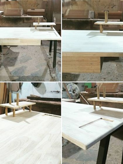 A collage showing the progress of a custom work-from-home desk. From the raw wood top and metal legs to the addition of a small monitor shelf, this shows the piece coming together.