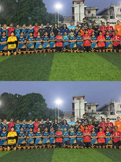 The Sudeva Women's Team and the Zinc Academy Women's Team pose for a group photo after a friendly match. We promote sportsmanship and camaraderie.